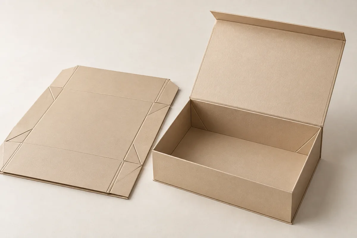 AI-generated design visualisation of a champagne collapsible rigid gift box, open beside a flattened matching concept.