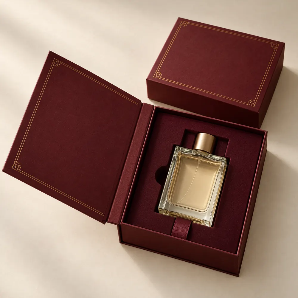 AI concept of an oxblood book-style perfume box with a fitted dark insert, finger recess, lift ribbon and gold-colour border.