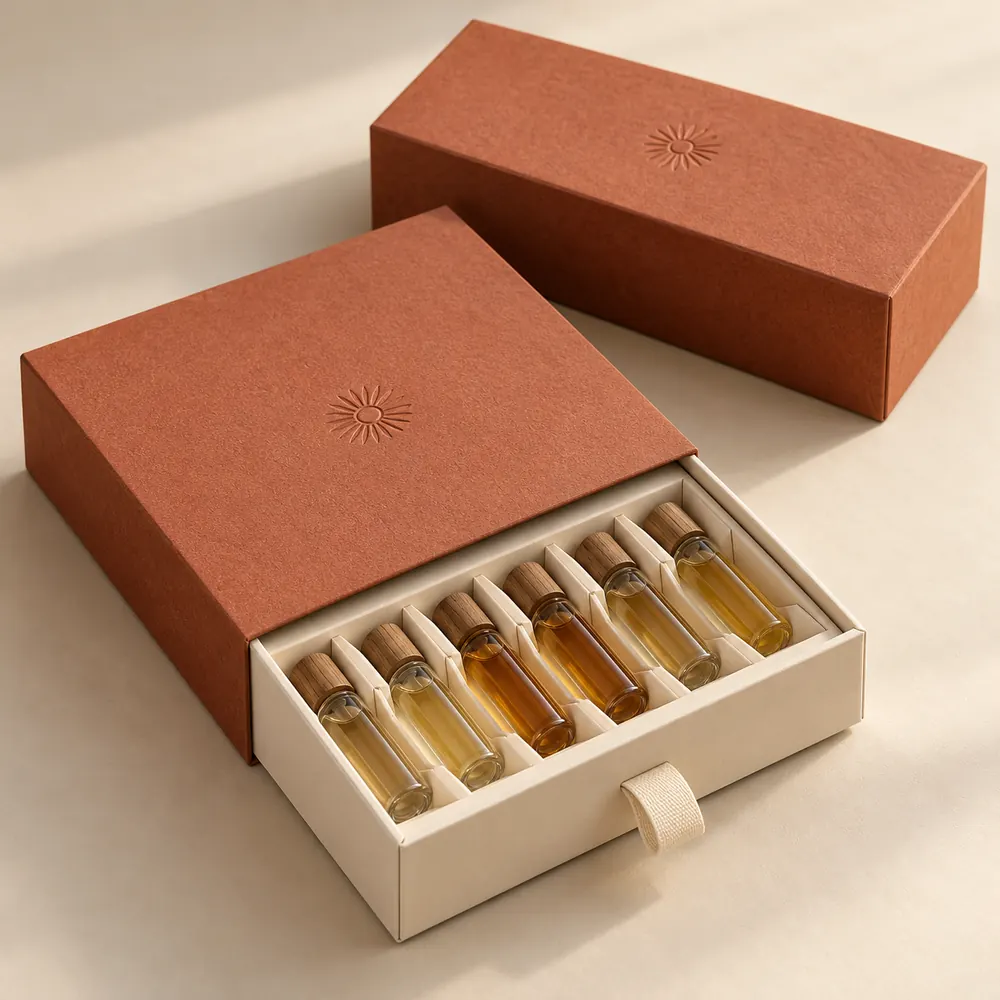AI concept of a terracotta fragrance drawer box with six small vial dummies, folded ivory dividers and a ribbon pull.